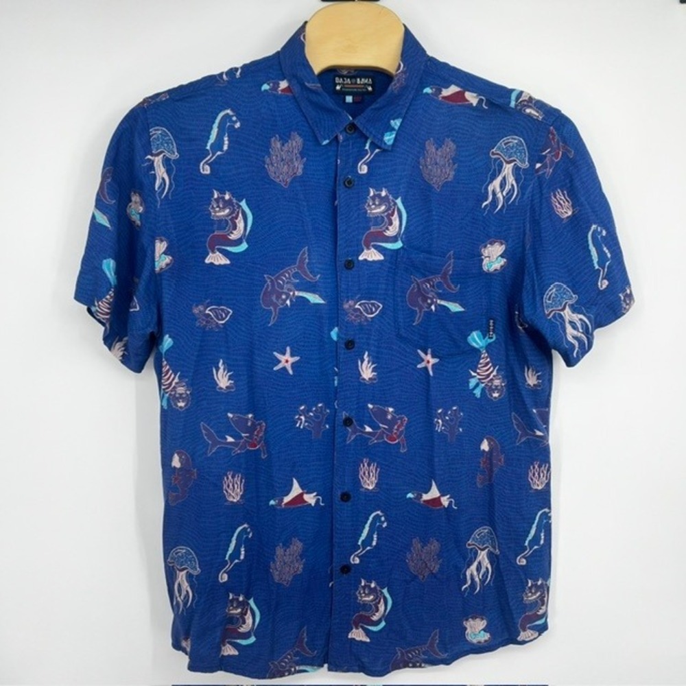 Baja Llama Mens XXL Blue Nautical Sea Creature Viscose Short Sleeve Button Shirt